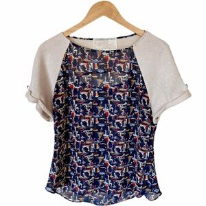 NICK & MO Sailboat Print Top Peekaboo Cutout Back Blouse Blue Knit Sleeve Small